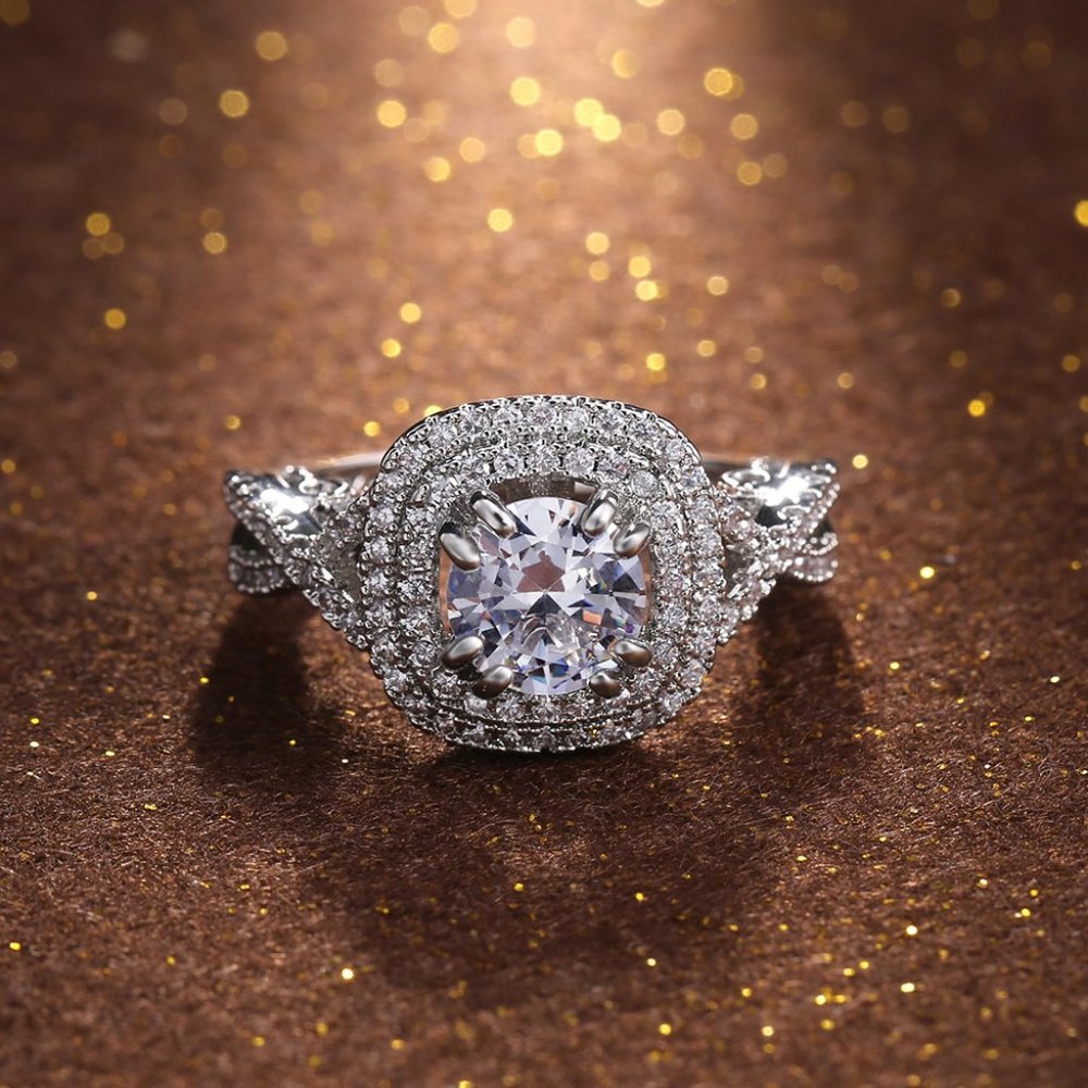 NEW two tone rose gold silver round double halo pave engagement ring - Picture 4 of 7